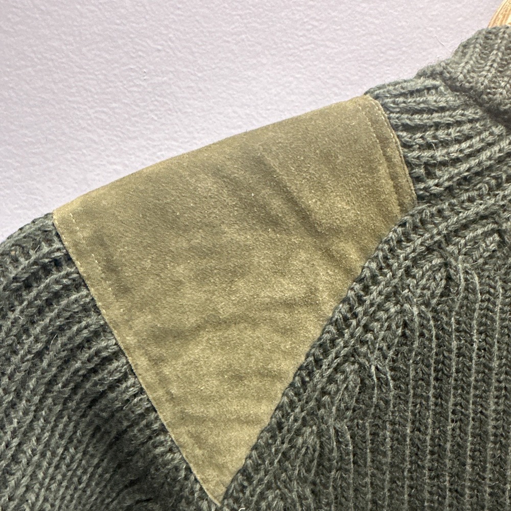 Niffi Made In England Ribbed Knit Sweater Olive Suede Elbow Shoulder Patches L - Picture 7 of 8
